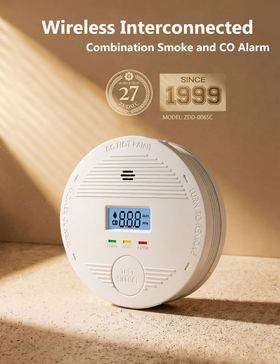 wireless interconnected smoke and carbon monoxide detector with 10-year battery