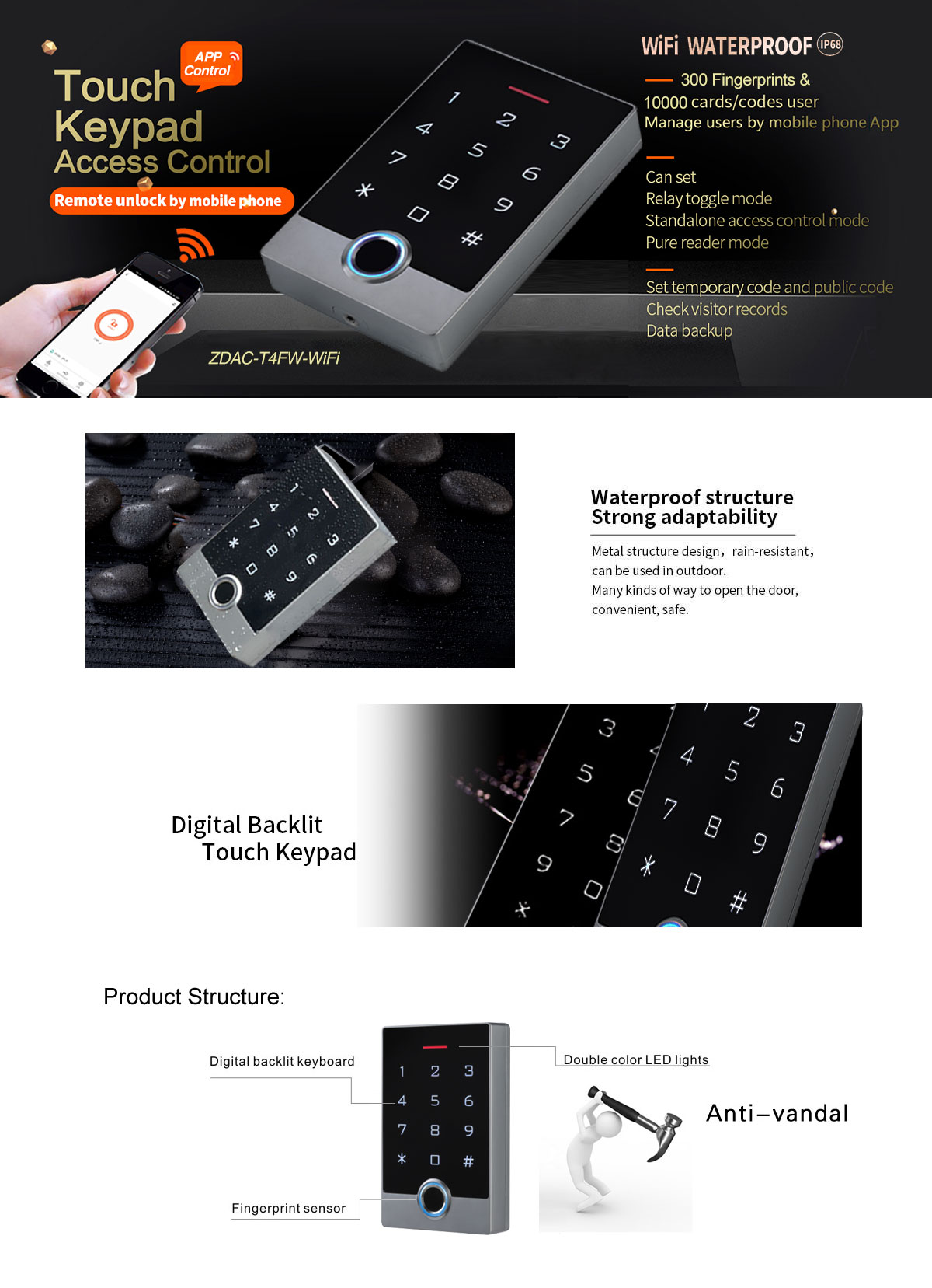 Touch Keypad Fingerprint Access Control -WiFi Optional(图1)